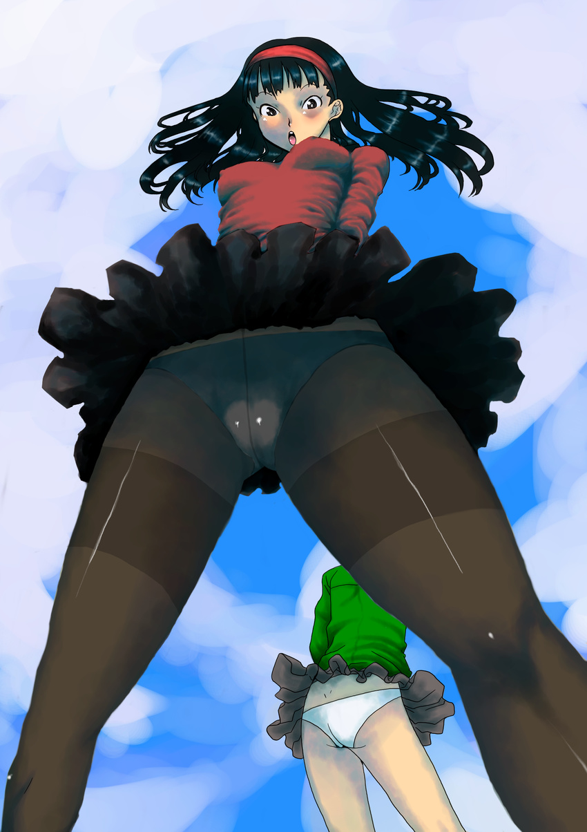 amagi_yukiko black_eyes black_hair breasts cameltoe covered_nipples crotch_seam hairband highres katana_(life_is_beautiful) multiple_girls panties panties_under_pantyhose pantyhose persona persona_4 satonaka_chie school_uniform skirt sky small_breasts thighband_pantyhose underwear upskirt yasogami_school_uniform