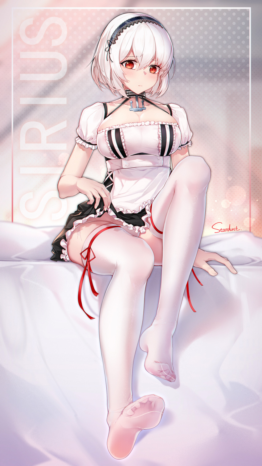 1girl absurdres albino anchor apron arm_at_side artist_name azur_lane bangs bed_sheet black_hairband black_skirt blush breasts character_name cleavage collarbone dust_(394652411) eyebrows_visible_through_hair frilled_apron frilled_skirt frilled_sleeves frills hair_between_eyes hairband high-waist_skirt highres knee_up large_breasts lifted_by_self light_frown looking_at_viewer no_shoes on_bed panties pantyshot pantyshot_(sitting) polka_dot polka_dot_background puffy_short_sleeves puffy_sleeves red_eyes red_ribbon ribbon short_sleeves side-tie_panties sirius_(azur_lane) sitting sitting_on_bed skirt skirt_lift soles solo thigh_ribbon thighhighs underwear waist_apron white_apron white_hair white_legwear white_panties