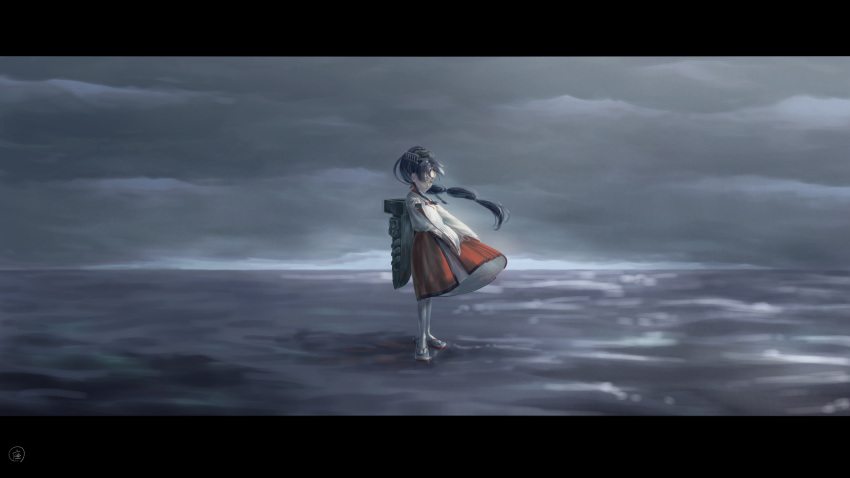 1girl bangs black_hair catapult cloud cloudy_sky fan floating_hair folding_fan full_body grey_sky hair_ornament hair_ribbon hair_tie hakama headgear high_ponytail highres japanese_clothes kantai_collection kariginu long_hair long_sleeves looking_at_viewer machinery miko multi-tied_hair nisshin_(kantai_collection) ocean okobo outdoors parted_bangs railing red_eyes red_hakama red_ribbon ribbon ribbon-trimmed_sleeves ribbon_trim rigging rudder_footwear rudder_shoes short_eyebrows sidelocks signature sky solo standing standing_on_liquid tabi thick_eyebrows very_long_hair water white_legwear wide_sleeves widescreen zabuton_dorobou