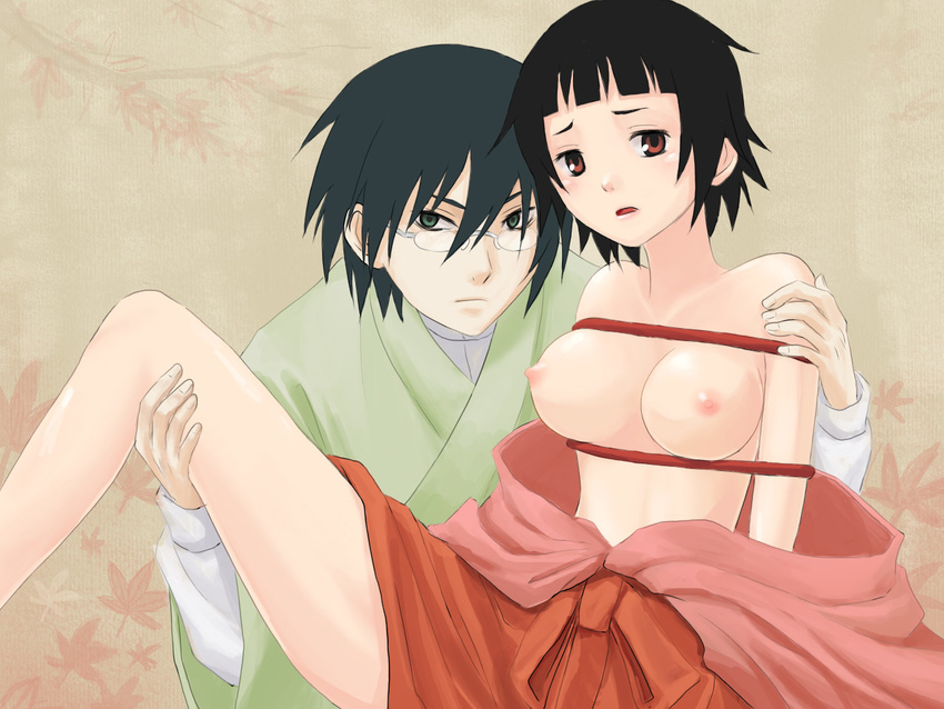 1girl artist_request bdsm black_hair bondage bound breasts brown_eyes glasses hakama hitotoshite_jiku_ga_bureteiru itoshiki_nozomu japanese_clothes medium_breasts nipples red_hakama sayonara_zetsubou_sensei short_hair topless tsunetsuki_matoi