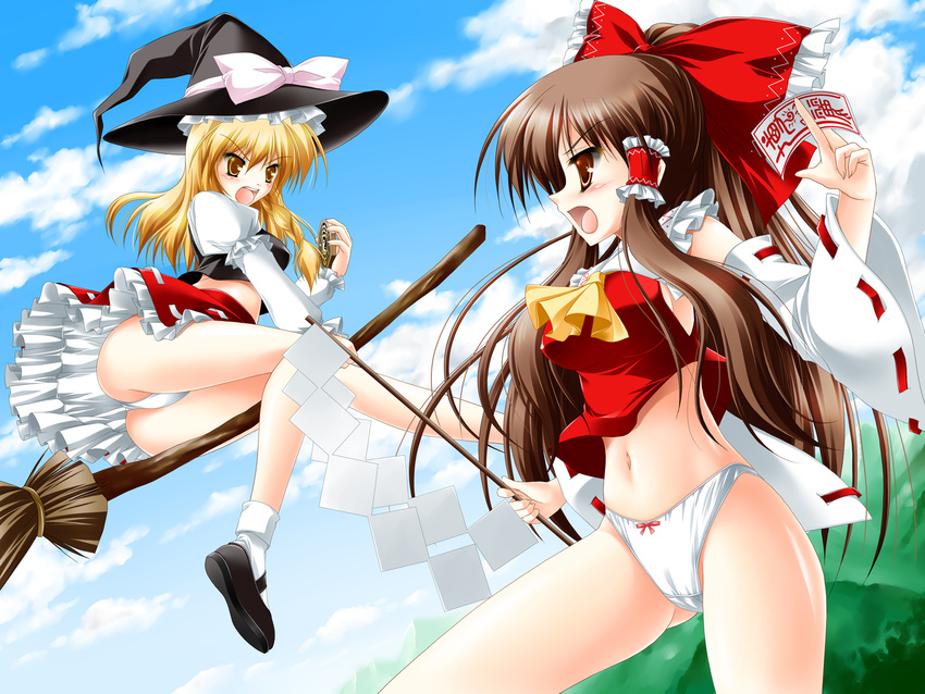 ba_gua battle blonde_hair bow broom brown_eyes brown_hair cameltoe duel gohei hair_bow hakurei_reimu hat highres kamiya_tomoe kirisame_marisa long_hair midriff mini-hakkero multiple_girls no_pants ofuda panties pantyshot red_eyes skirt touhou trigram underwear wallpaper witch_hat