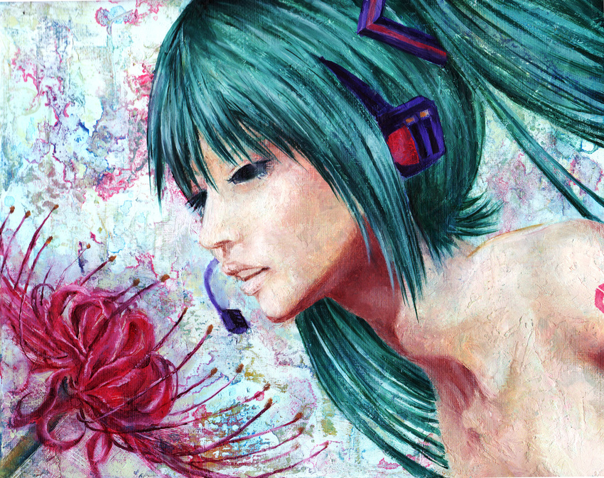 absurdres aqua_hair flower hatsune_miku headset highres kabaji long_hair oil_painting_(medium) solo traditional_media twintails vocaloid