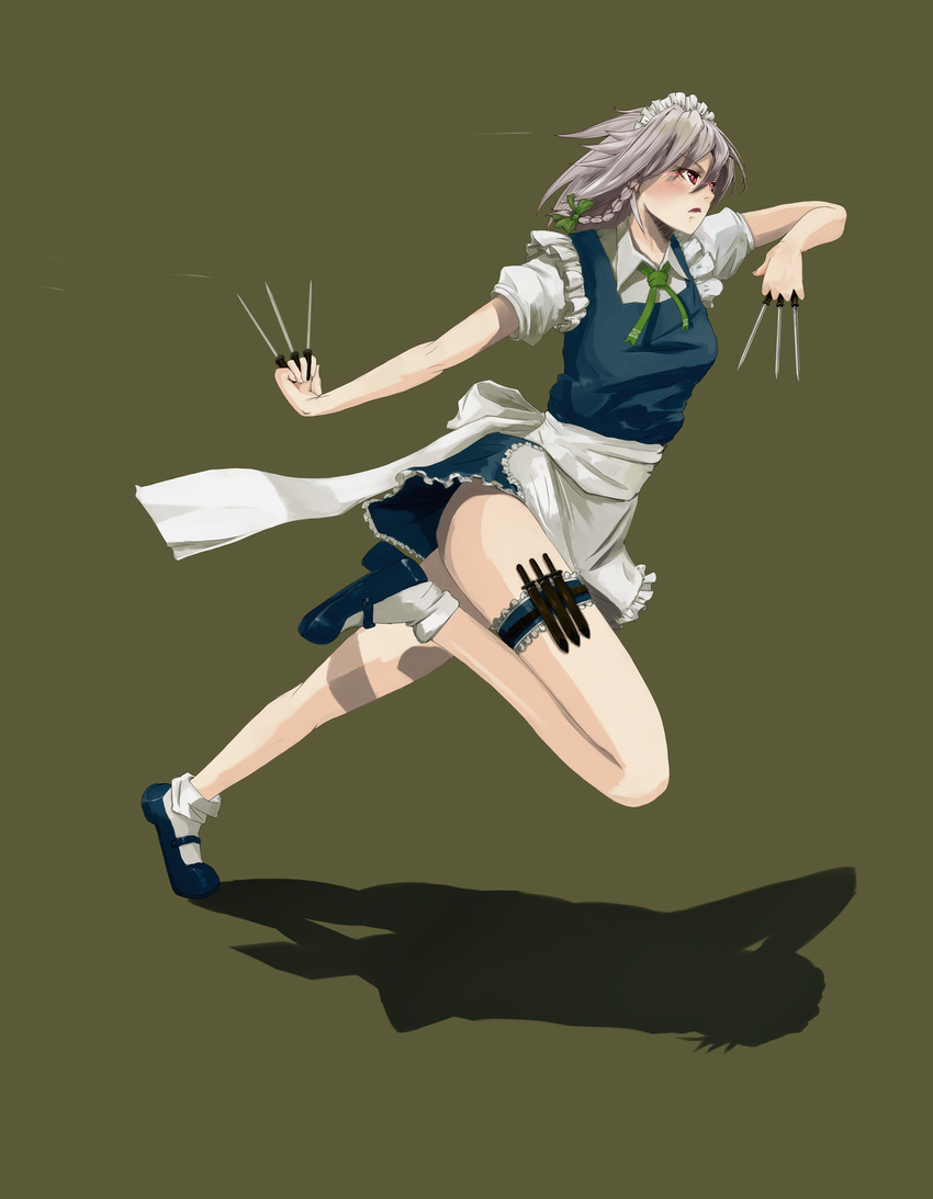 absurdres between_fingers braid glowing glowing_eyes highres izayoi_sakuya knife maid maid_headdress mary_janes red_eyes running shadow shoes short_hair silver_hair socks solo thigh_strap touhou twin_braids weapon_in_garters yammy_(cellblo)