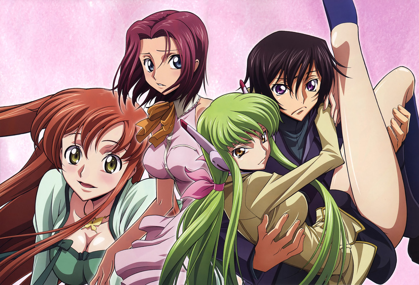 3girls absurdres ashford_academy_uniform blue_eyes blush breasts c.c. carrying cleavage code_geass dress facial_mark forehead_mark green_hair harem highres hug jewelry kallen_stadtfeld lelouch_lamperouge long_hair medium_breasts multiple_girls necklace official_art orange_hair princess_carry red_hair sakamoto_shuuji school_uniform shirley_fenette short_hair skirt yellow_eyes