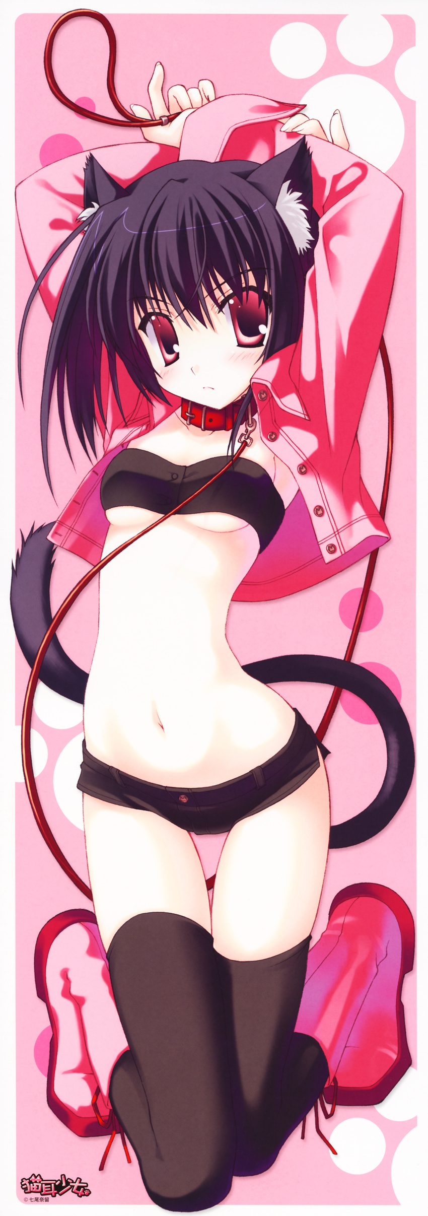 absurdres animal_ears black_hair blush breasts cat_ears collar copyright_request highres leash long_image medium_breasts midriff nanao_naru navel pink_eyes short_hair short_shorts shorts solo stick_poster tail tall_image thighhighs underboob