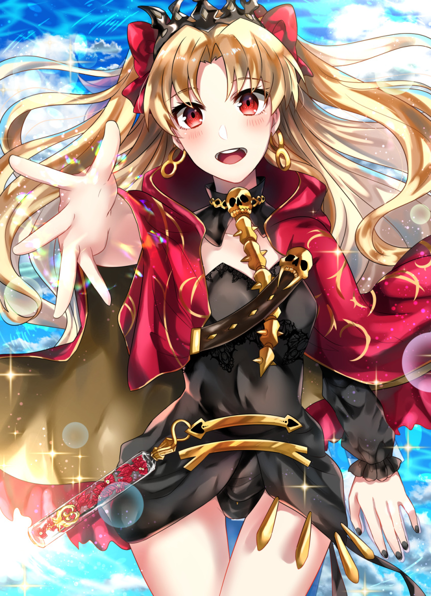 1girl :d black_leotard black_sleeves blonde_hair blush bow cape cowboy_shot cpu_(hexivision) earrings ereshkigal_(fate/grand_order) eyebrows_visible_through_hair fate/grand_order fate_(series) floating_hair getsuyoubi hair_bow highres hood hood_down hooded jewelry leotard long_hair long_sleeves looking_at_viewer open_mouth red_bow red_cape red_eyes shocker single_sleeve smile solo standing thigh_gap very_long_hair