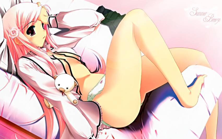 aoi_mikan barefoot breasts error flower hair_flower hair_ornament long_hair lucy_maria_misora lying open_clothes open_shirt panties pink_eyes pink_hair shirt small_breasts solo stuffed_animal stuffed_toy teddy_bear to_heart_2 underboob underwear wallpaper white_panties