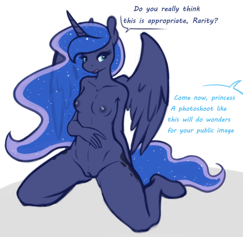 2019 anthro anthrofied blue_eyes blue_hair breasts cosmic_hair cutie_mark dialogue equine feathered_wings feathers friendship_is_magic hair horn kneeling mammal my_little_pony navel nipples nude princess_luna_(mlp) pussy simple_background solo spread_legs spreading whatsapokemon white_background winged_unicorn wings