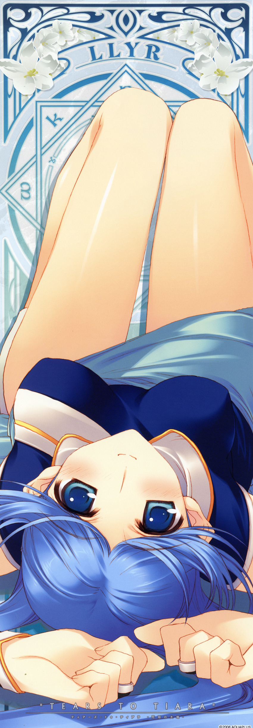 absurdres blue_eyes blue_hair blush breasts bridal_gauntlets flower highres legs legs_up llyr long_hair long_image lying medium_breasts nakamura_takeshi on_back smile solo stick_poster tall_image tears_to_tiara