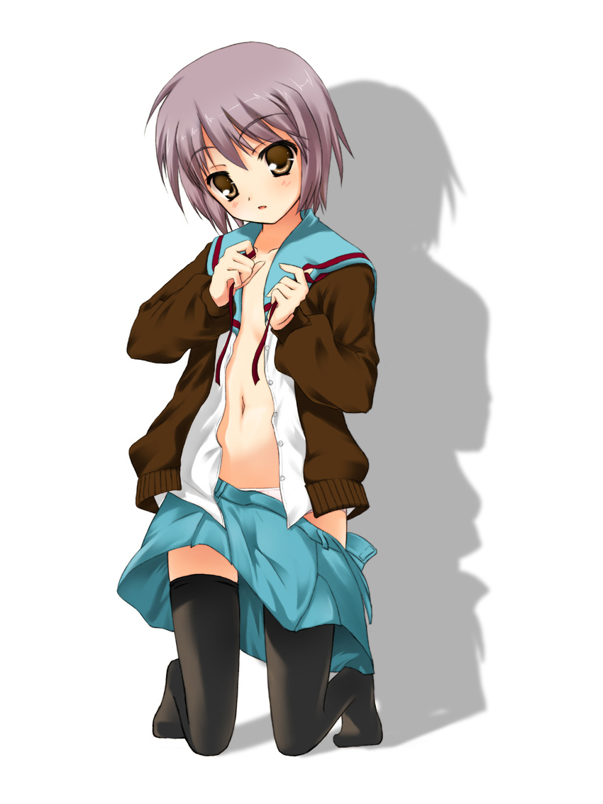 bad_id bad_pixiv_id brown_eyes cardigan highres kita_high_school_uniform lavender_hair nagato_yuki navel oozora_itsuki open_clothes open_shirt school_uniform serafuku shirt short_hair socks solo suzumiya_haruhi_no_yuuutsu thighhighs undressing