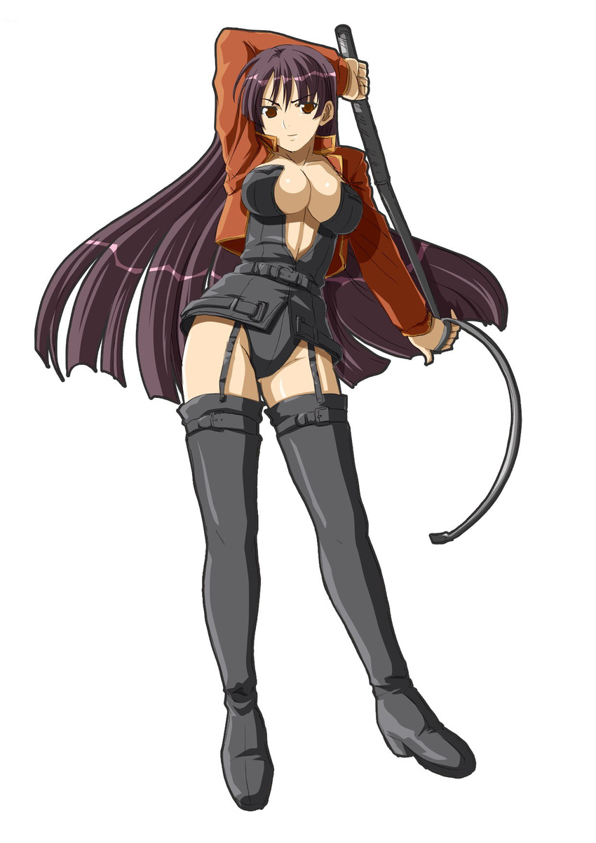boots breasts cleavage cropped_jacket garters highres hoshigami jacqueline large_breasts long_hair purple_hair red_eyes solo takamichi thigh_boots thighhighs very_long_hair whip