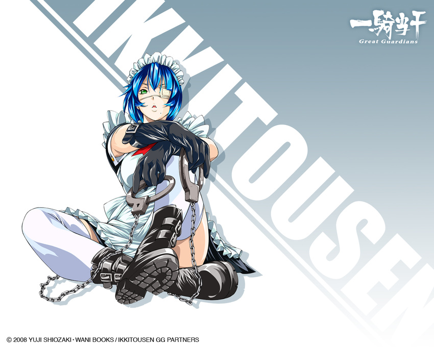 :o apron black_gloves blue_hair boots breasts chain crossed_arms crossed_legs cuffs dual_wielding elbow_gloves eyepatch gloves green_eyes handcuffs holding ikkitousen ikkitousen_great_guardians large_breasts maid maid_headdress mole mole_under_mouth official_art ryomou_shimei shadow shiozaki_yuji short_hair sitting solo spread_legs strap thighhighs wallpaper white_legwear