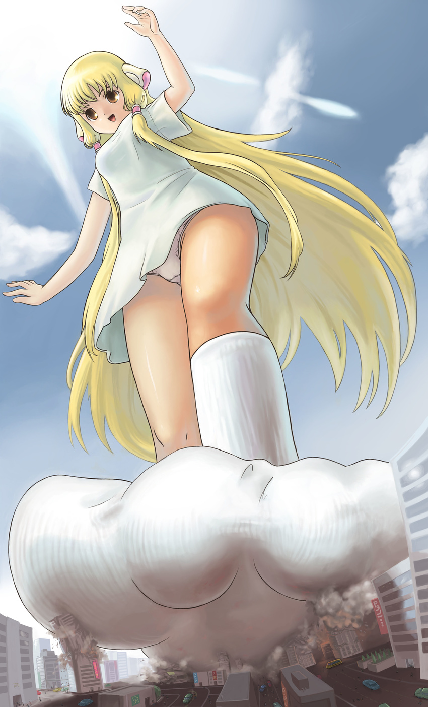 absurdres chii chobits city feet giantess highres panties pantyshot pogojo socks solo underwear