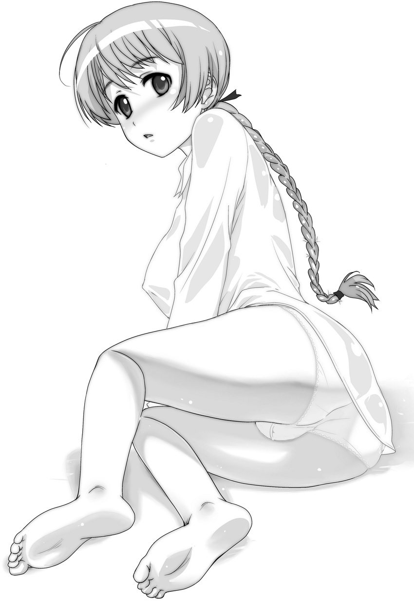 ass barefoot blouse blush braid fat_mons feet greyscale highres long_hair looking_back lying lynette_bishop mine_(peak) monochrome no_pants panties single_braid soles solo strike_witches underwear very_long_hair world_witches_series