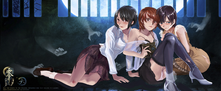 asou_misaki bellows_camera bruise c.quart camera fatal_frame fatal_frame_4 injury minazuki_ruka multiple_girls panties scared short_hair thighhighs torn_clothes torn_legwear tsukimori_madoka underwear