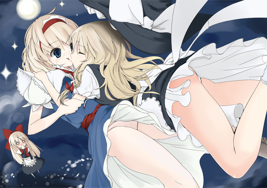 alice_margatroid blonde_hair blue_eyes blush closed_eyes covering_mouth doll glomp hairband hand_over_own_mouth hat hat_ribbon heart hug kirisame_marisa kiss multiple_girls o_o panties pantyshot ribbon shanghai_doll striped striped_panties suzume_miku thighs touhou underwear upskirt witch_hat yuri