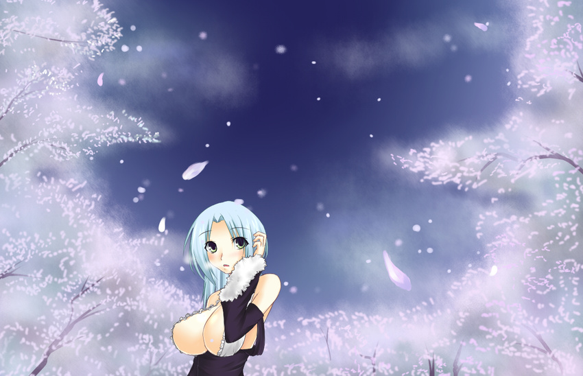bad_id bad_pixiv_id bare_shoulders blue_hair blush breasts cherry_blossoms cleavage copyright_request detached_sleeves forest green_eyes huge_breasts kurokawa_otogi long_hair nature outdoors sky solo tree wallpaper