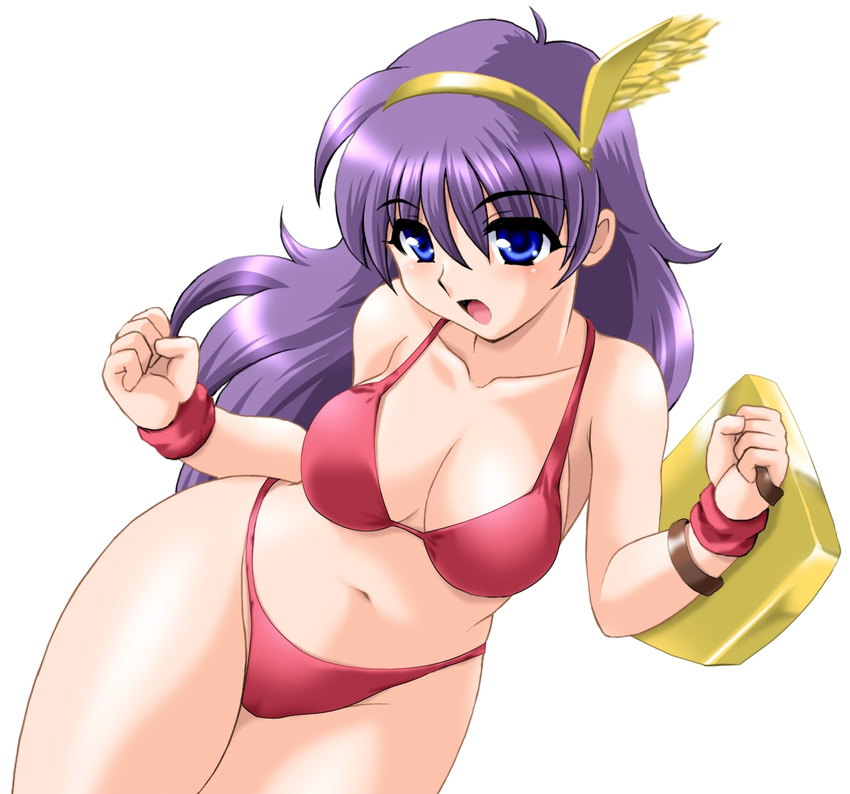 athena_(series) bikini blue_eyes breasts cleavage curvy highres hips large_breasts long_hair navel open_mouth princess_athena purple_hair red_bikini shield snk solo swimsuit thighs toushi_ryoku wide_hips