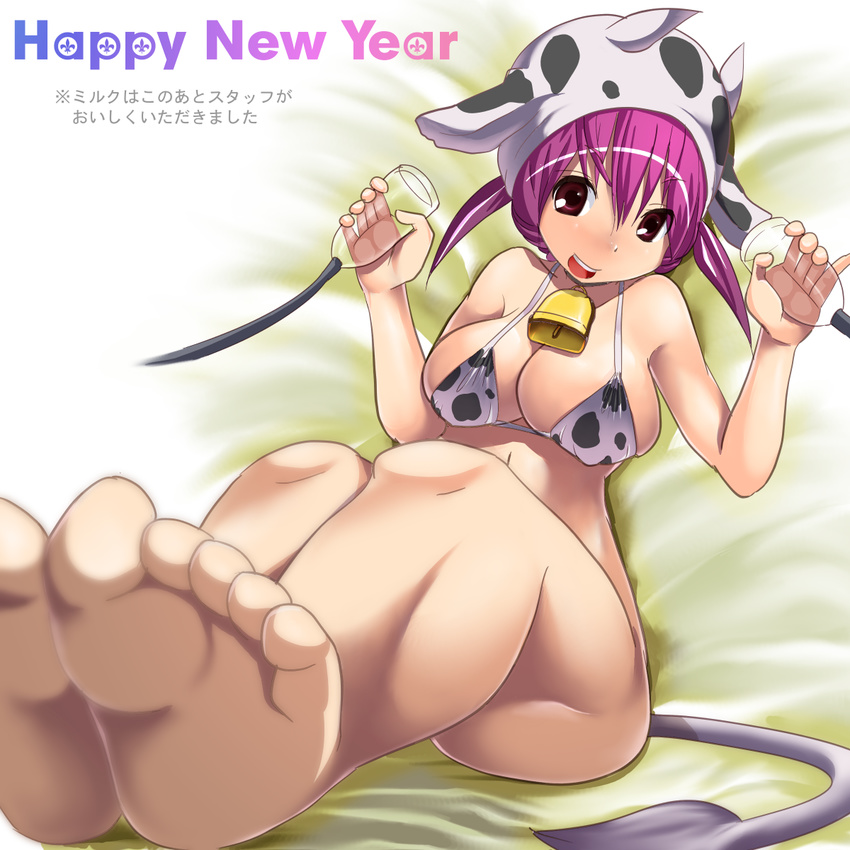animal_print barefoot bell bikini breasts cleavage cow_bell cow_girl cow_print cow_tail feet highres large_breasts new_year original purple_hair red_eyes short_hair sigetch smile soles solo suction_cups swimsuit tail