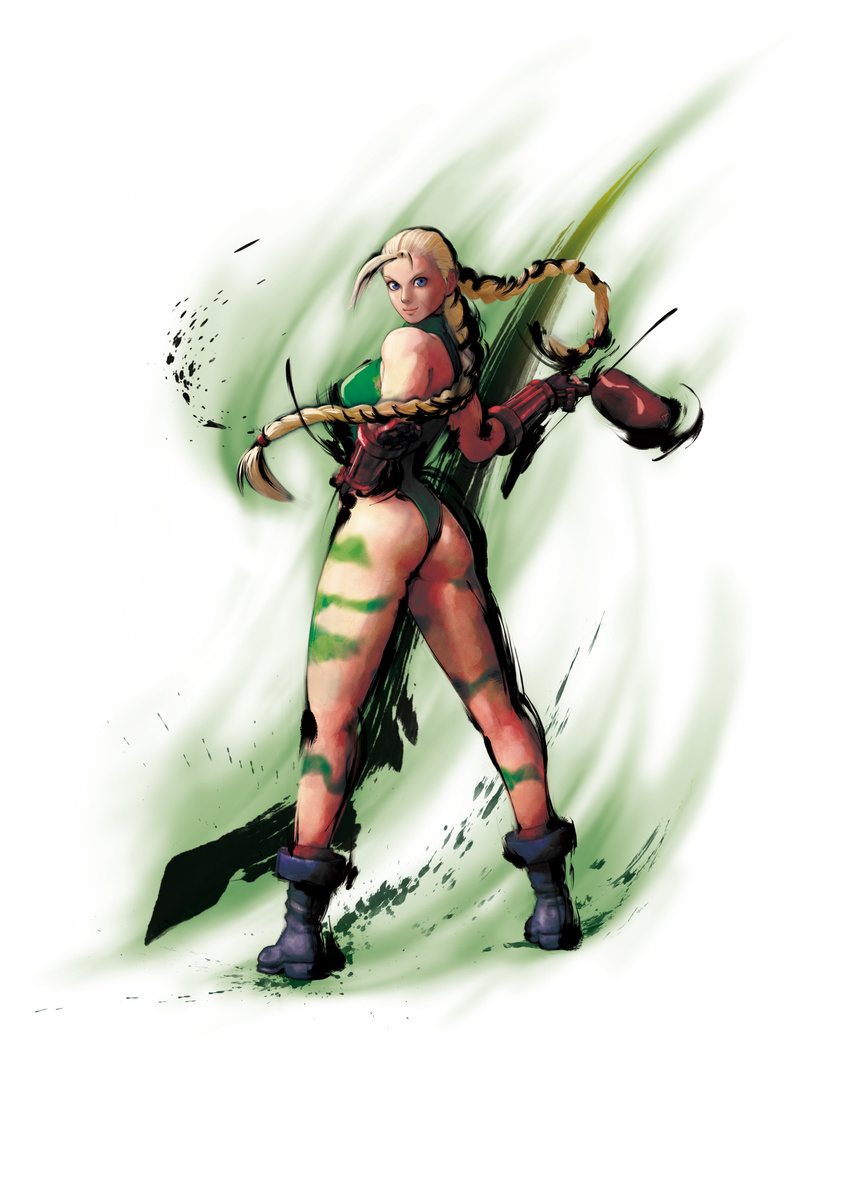 absurdres ass blonde_hair blue_eyes bodypaint boots braid cammy_white gloves green_leotard hat highres ikeno_daigo leotard long_hair official_art solo street_fighter twin_braids