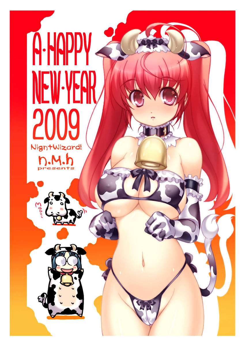 2girls animal_costume animal_ears animal_print bell blush breasts cameltoe chinese_zodiac cleavage cow cow_bell cow_costume cow_ears cow_horns cow_print cow_tail elbow_gloves gloves highres horns ishida_hiroyuki large_breasts long_hair maid maid_bikini multiple_girls new_year original red_eyes red_hair tail twintails underboob year_of_the_ox