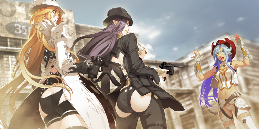 3girls ahoge ass blonde_hair blue_hair breasts brown_eyes cowboy_hat donne_anonime elf franco_il_nero fringe_trim garter_belt green_eyes gun hat highres lily_salvatana long_hair medium_breasts midriff multiple_girls navel nishii_(nitroplus) panties pointy_ears sideboob underwear weapon western zoku_satsuriku_no_django