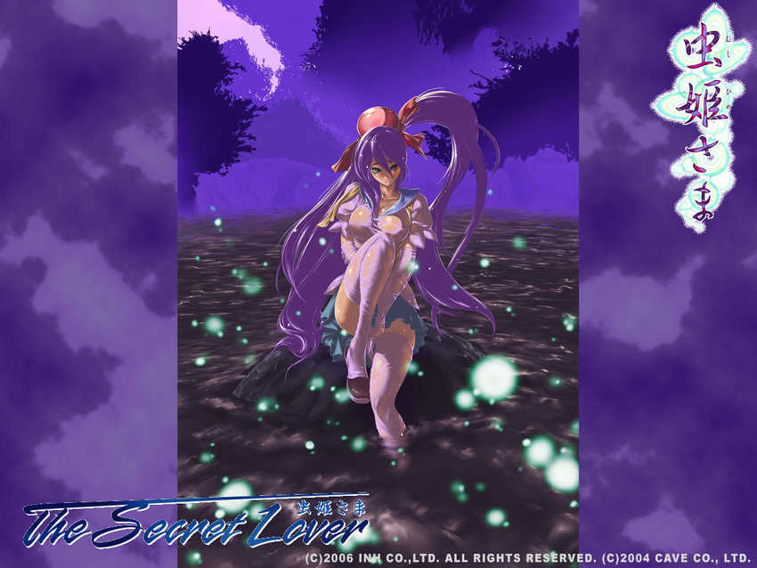 breasts cleavage covering covering_crotch elbow_gloves embarrassed fireflies gloves glowing green_eyes hair_ornament hair_ribbon jewelry large_breasts leg_up long_hair mushihime-sama nature night official_art outdoors pleated_skirt purple_hair reco ribbon rock school_uniform see-through serafuku shoes sitting skirt soaking_feet solo thighhighs tomoyuki_kotani tree twintails very_long_hair water wet wet_clothes white_legwear zettai_ryouiki