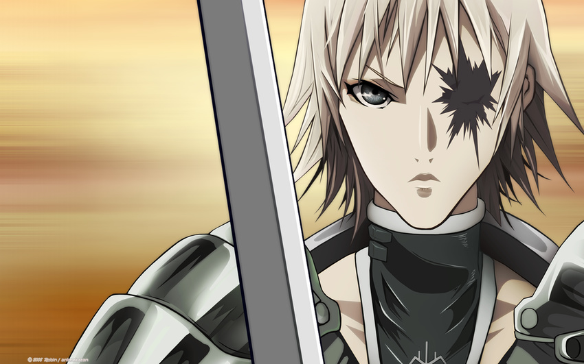 armor blonde_hair claymore claymore_(sword) rafaela scar scar_across_eye short_hair silver_eyes solo sword vector_trace wallpaper weapon