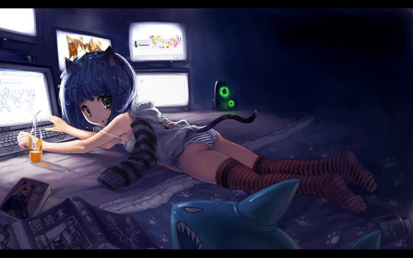 :o animal_ears bad_id bad_pixiv_id blue_hair book cat_ears cat_tail chinese computer curly_hair flat_chest glowing juice legs lying observerz on_stomach original panties short_hair solo speaker strap_slip striped striped_legwear striped_panties tail thighhighs underwear wallpaper