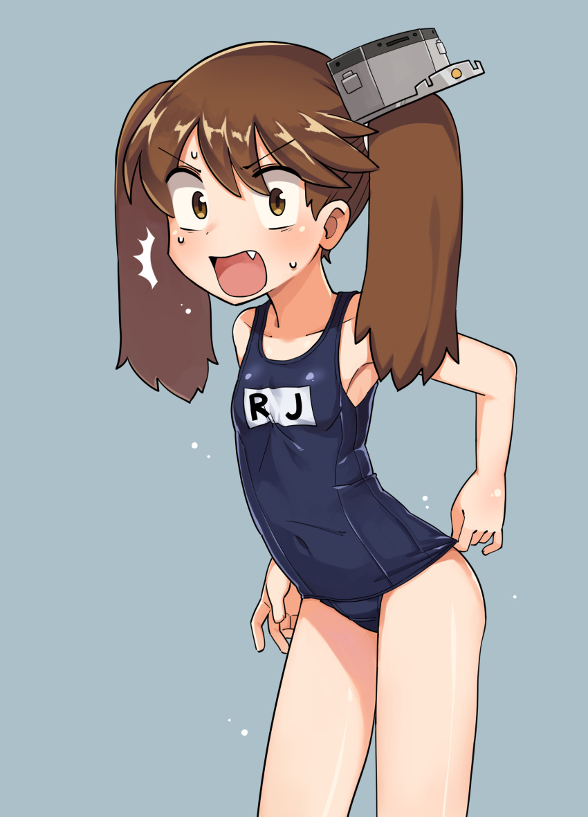 /\/\/\ 1girl absurdres bangs bare_arms bare_shoulders blue_swimsuit brown_eyes brown_hair collarbone covered_navel eyebrows_visible_through_hair fang flat_chest hair_between_eyes highres kantai_collection lkll long_hair looking_at_viewer name_tag one-piece_swimsuit open_mouth pulled_by_self ryuujou_(kantai_collection) school_swimsuit solo surprised sweat swimsuit swimsuit_pull thighs twintails v-shaped_eyebrows