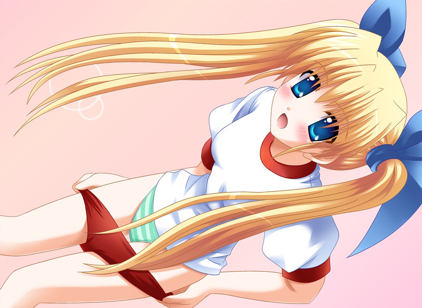 blonde_hair blue_eyes blush buruma buruma_pull da_capo da_capo_i dutch_angle gym_uniform long_hair otoki_raku panties pulled_by_self solo striped striped_panties surprised twintails underwear undressing yoshino_sakura