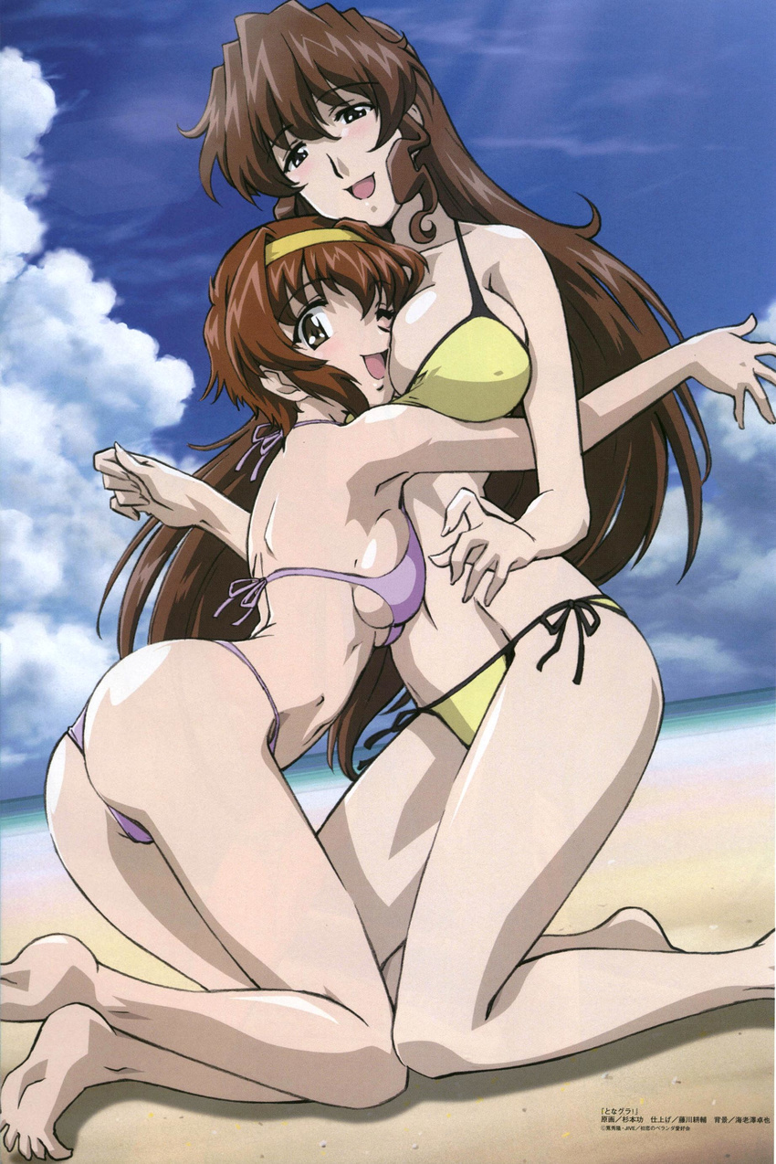 absurdres arisaka_hatsune arisaka_kazuki ass back barefoot beach between_breasts bikini blush breast_press breasts brown_eyes brown_hair copyright_name covered_nipples day feet hairband happy head_between_breasts highres hug huge_breasts kneeling large_breasts legs light_rays long_hair multiple_girls one_eye_closed open_mouth outdoors purple_bikini short_hair siblings side-tie_bikini sideboob sisters smile soles string_bikini sugimoto_isao sunbeam sunlight swimsuit tona-gura! underboob yellow_bikini