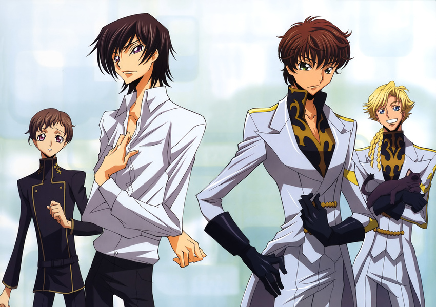 absurdres black_hair brown_hair closed_mouth code_geass collarbone gino_weinberg hashimoto_tomonori highres kururugi_suzaku lelouch_lamperouge looking_at_viewer multiple_boys official_art rolo_lamperouge slender smirk standing uniform