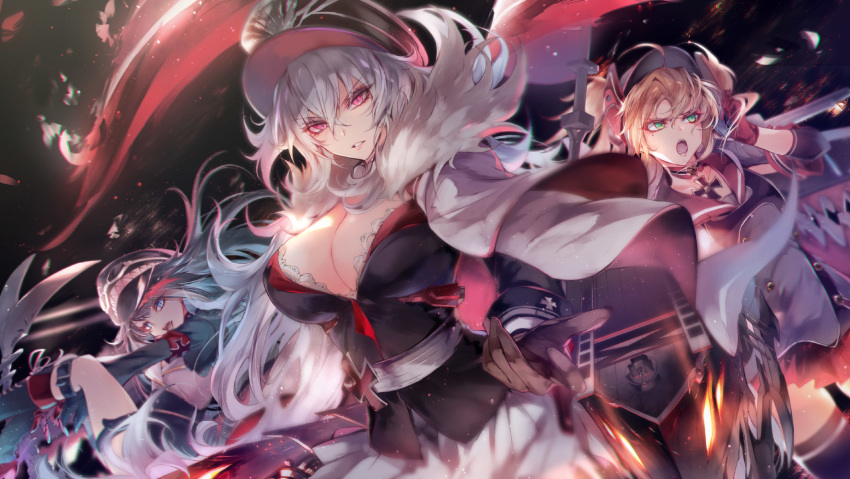 admiral_hipper_(azur_lane) armband armpit_cutout azur_lane bangs black_hair blonde_hair blue_eyes breasts cannon choker cleavage commentary_request deutschland_(azur_lane) eyebrows_visible_through_hair fangs floating_hair fur_trim graf_zeppelin_(azur_lane) green_eyes hair_between_eyes hat headgear highres iron_cross jacket kanaria_(fuusenkazura) large_breasts light_particles long_hair machinery multicolored_hair multiple_girls open_mouth red_eyes red_hair rigging sidelocks silver_hair streaked_hair uniform very_long_hair wind wind_lift
