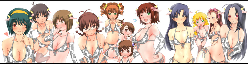 6+girls ahoge akizuki_ritsuko amami_haruka animal_print antenna_hair armpits arms_behind_back bikini blush braid breasts cleavage cow_print elbow_gloves everyone flat_chest front-tie_top futami_ami futami_mami glasses gloves hagiwara_yukiho hair_bobbles hair_ornament hair_ribbon hairband highres hoshii_miki idolmaster idolmaster_(classic) idolmaster_1 kikuchi_makoto large_breasts long_hair long_image medium_breasts miura_azusa multiple_girls new_year one_eye_closed otonashi_kotori ribbon shiina_you_(tomoshibi) short_hair side-tie_bikini side_ponytail small_breasts smile string_bikini swimsuit takatsuki_yayoi twin_braids twintails v wide_image