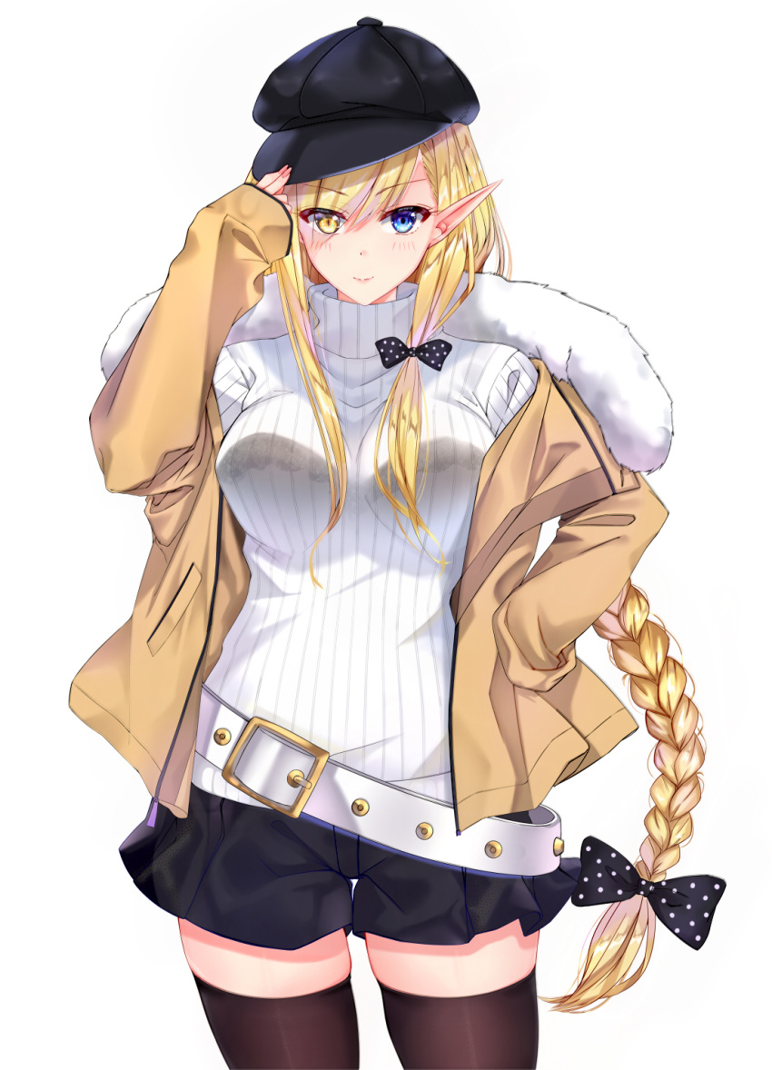 1girl belt black_bow black_bra black_hat black_legwear black_shorts blonde_hair blue_eyes bow bra braid breasts brown_jacket cowboy_shot elf eyebrows_visible_through_hair eyes_visible_through_hair fur-trimmed_jacket fur_trim hair_bow hair_over_one_eye hand_on_hip hat hat_tip heterochromia highres jacket large_breasts long_braid long_hair looking_at_viewer loose_belt mukatsukulsp off_shoulder open_clothes open_jacket original pointy_ears polka_dot polka_dot_bow ribbed_sweater see-through shorts simple_background single_braid sleeves_past_fingers sleeves_past_wrists smile solo sweater thighhighs turtleneck turtleneck_sweater underwear very_long_hair white_background white_belt white_sweater yellow_eyes