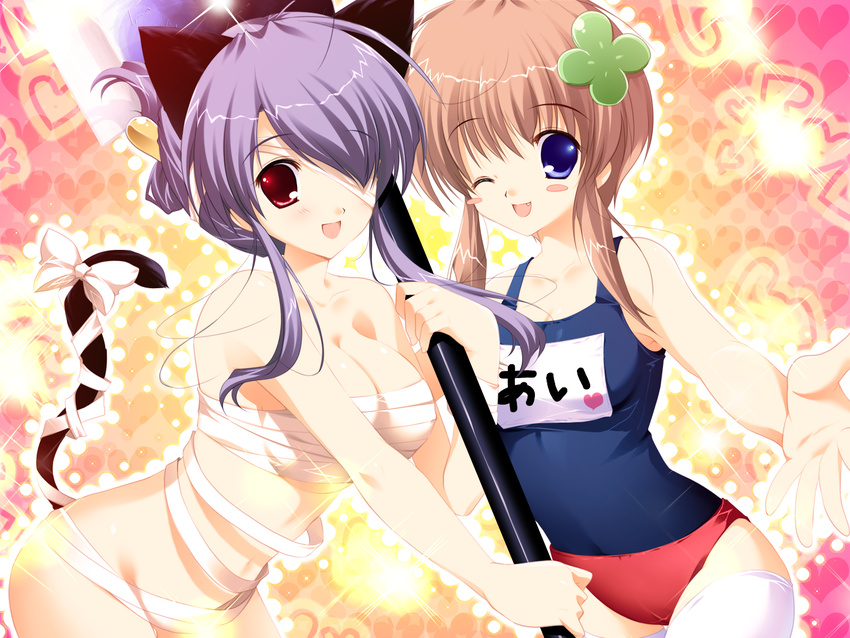 animal_ears bandage_over_one_eye bandages blush_stickers breasts brown_hair buruma cat_ears cleavage fang flat_chest game_cg hair_ornament highres lyrical_ds medium_breasts mikeou miraroma multiple_girls naked_bandage name_tag no_shirt one-piece_swimsuit one_eye_closed open_mouth purple_hair ribbon sarashi school_swimsuit swimsuit swimsuit_under_clothes tail tail_ribbon takahara_ai thighhighs yuuki_yukie