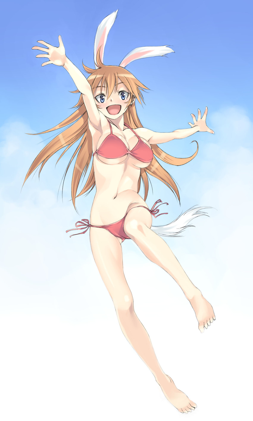 animal_ears armpits barefoot bikini blue_eyes blush breasts bunny_ears charlotte_e_yeager feet hands highres long_hair medium_breasts open_mouth orange_hair satou_atsuki side-tie_bikini smile solo strike_witches string_bikini swimsuit tail underboob world_witches_series