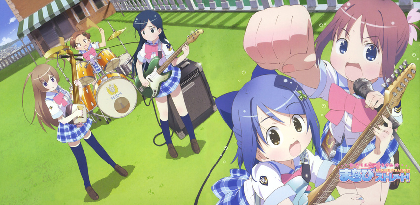 album_cover amamiya_manami amplifier antenna_hair bass_guitar blue_eyes blue_hair bow brown_eyes brown_hair cover drum drum_set electric_guitar etou_mei gakuen_utopia_manabi_straight! grass guitar hair_bow hair_ornament highres inamori_mika instrument long_hair microphone multiple_girls odori_momoha outdoors plaid plaid_skirt red_hair school_uniform shamisen short_hair skirt thighhighs uehara_mutsuki zettai_ryouiki