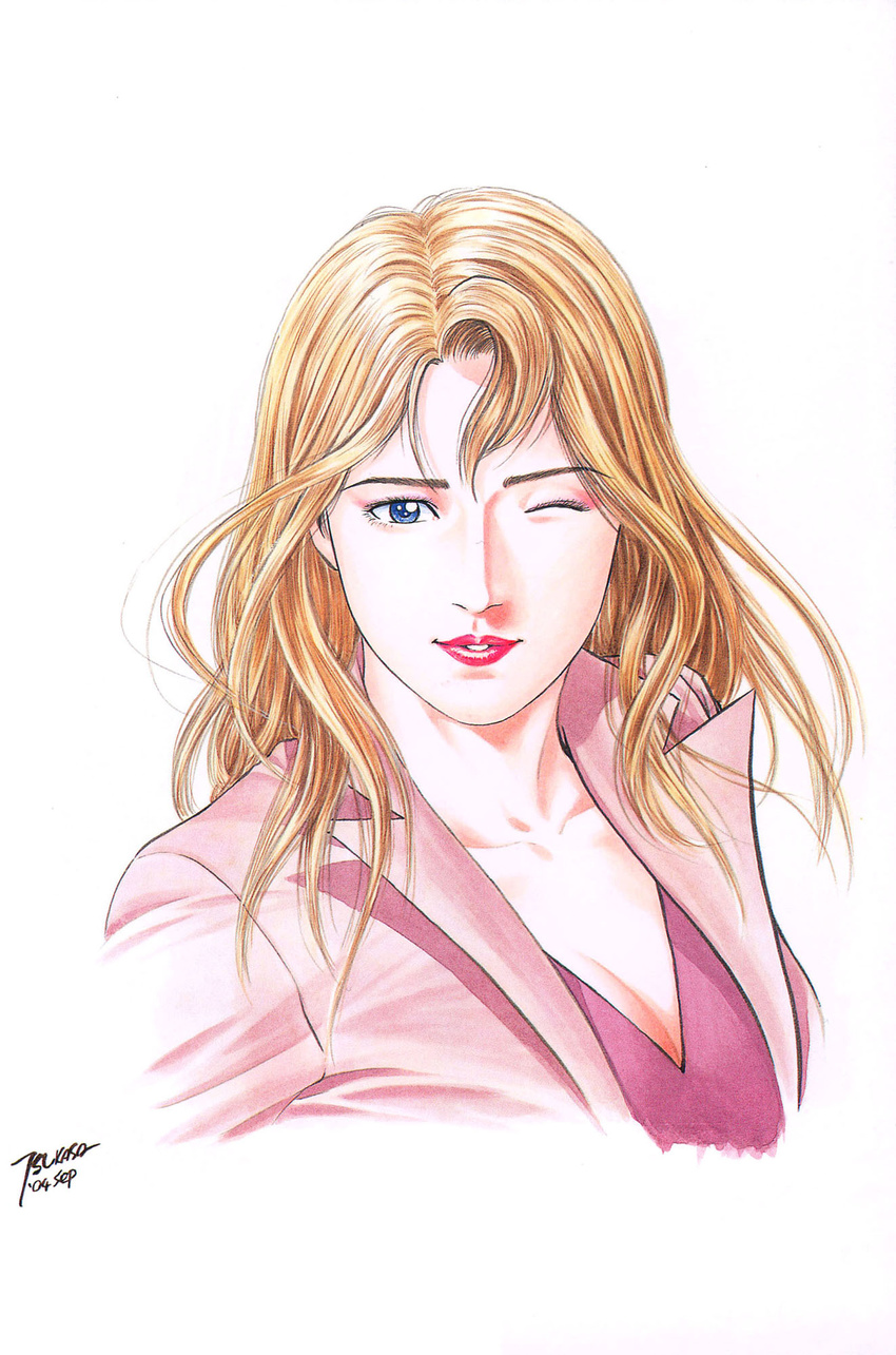 blonde_hair blue_eyes breasts city_hunter cleavage highres houjou_tsukasa lipstick long_hair looking_at_viewer makeup pink_coat pink_shirt rosemary_moon shirt simple_background smile wavy_hair wink