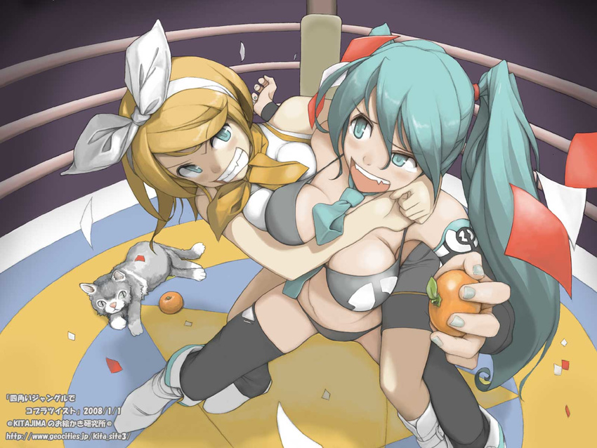 aqua_eyes aqua_hair between_breasts bikini black_legwear blonde_hair boots bow breasts cat dominated domination food fruit grey_nails hair_bow hatsune_miku highres holding holding_food holding_fruit kagamine_rin kitajima long_hair mandarin_orange multiple_girls nail_polish necktie short_hair swimsuit thighhighs twintails very_long_hair vocaloid wrestling