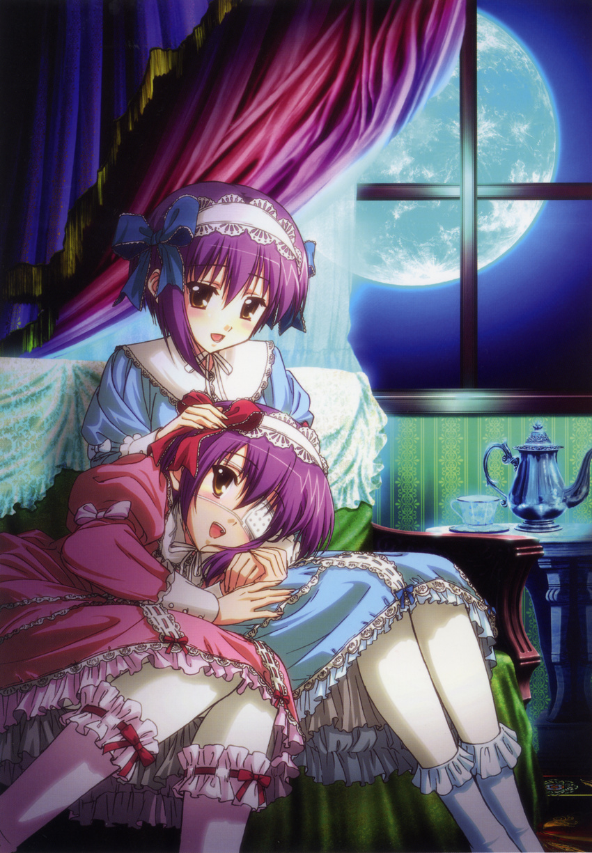 :d absurdres bobby_socks cup curtains ef eyepatch frills full_moon garters hair_ribbon hairband highres holding_hands juliet_sleeves kneehighs lolita_fashion lolita_hairband long_sleeves moon multiple_girls night open_mouth puffy_sleeves ribbon scan shindou_chihiro shindou_kei siblings sisters smile socks sweet_lolita teacup teapot twins window