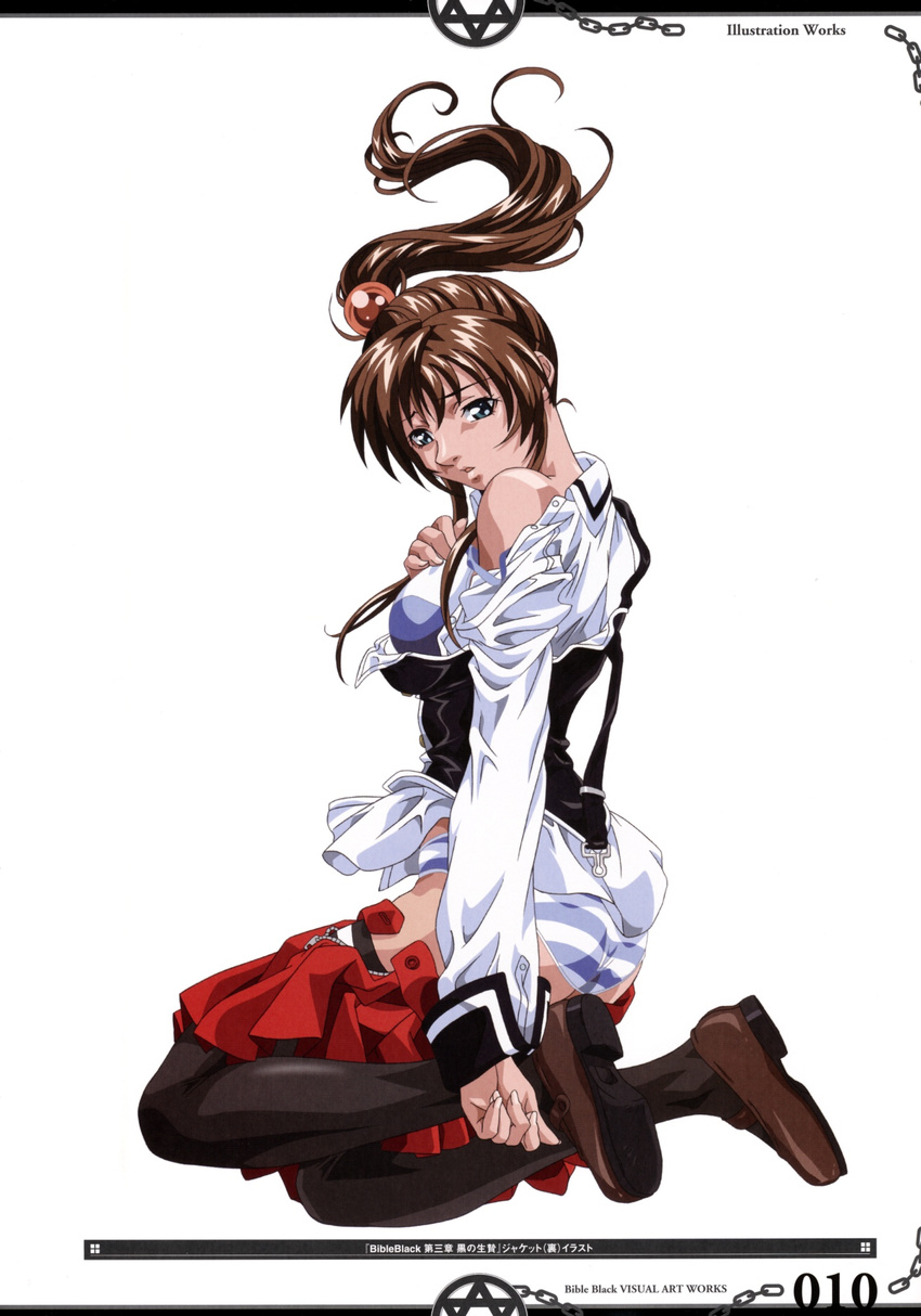 aqua_eyes ass bible_black black_legwear bra brown_hair highres imari_kurumi kneeling lingerie long_hair open_clothes open_shirt panties scan school_uniform shirt side_ponytail skirt skirt_pull solo strap_slip striped striped_panties suspenders thighhighs underwear undressing unzipped yoshiten zipper