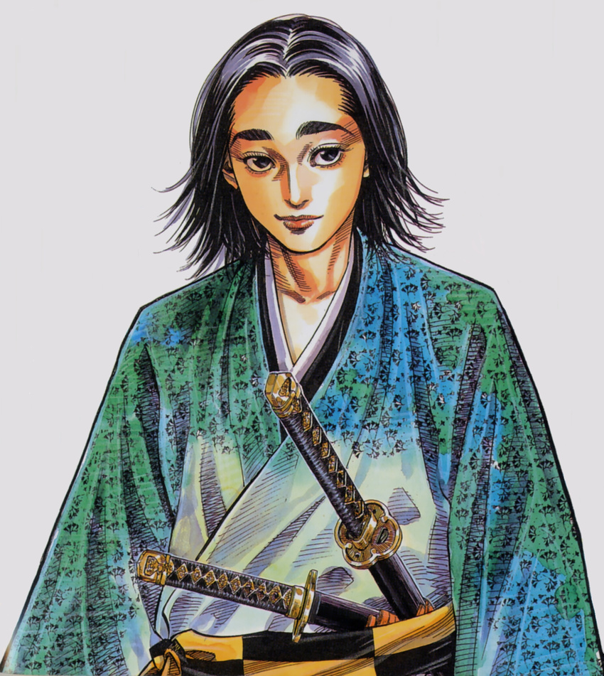 black_eyes black_hair highres inoue_takehiko japanese_clothes katana kimono looking_at_viewer male male_focus obi sabre sash short_hair simple_background smile sword vagabond wakizashi weapon yoshioka_seijuurou