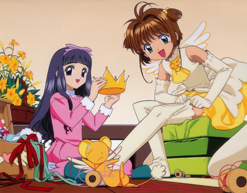 card_captor_sakura daidouji_tomoyo dress kerberos kinomoto_sakura thigh-highs undressing wings