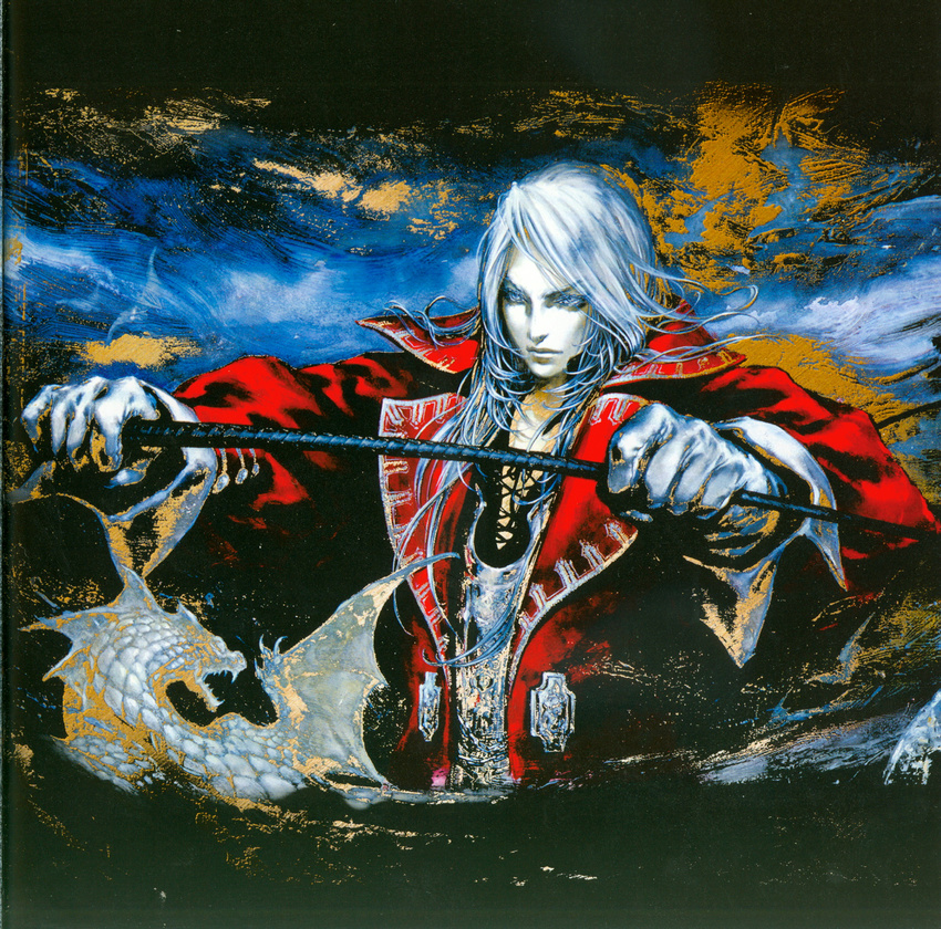 artbook castlevania castlevania:_harmony_of_dissonance charcoal_(medium) colored_eyelashes eyelashes highres juste_belmondo kojima_ayami male_focus monster official_art oil_painting_(medium) riding_crop scan solo traditional_media whip white_hair