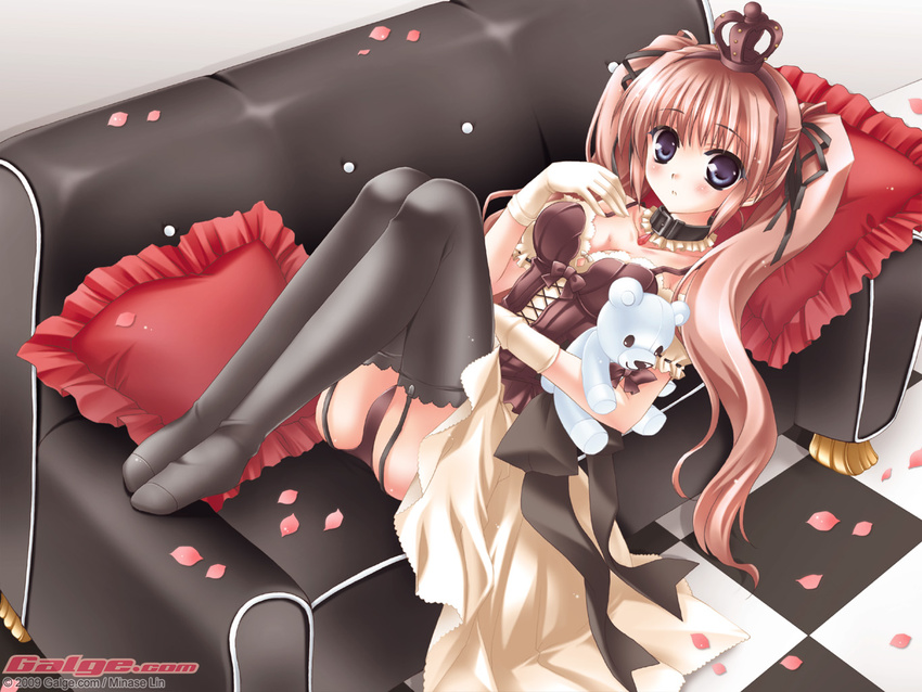 artist_name ass black_legwear blue_eyes blush breasts brown_hair checkered checkered_floor cleavage collar couch crown frilled_pillow frills galge.com garter_belt long_hair lying medium_breasts minase_lin panties petals pillow solo stuffed_animal stuffed_toy teddy_bear thighhighs twintails underwear wallpaper