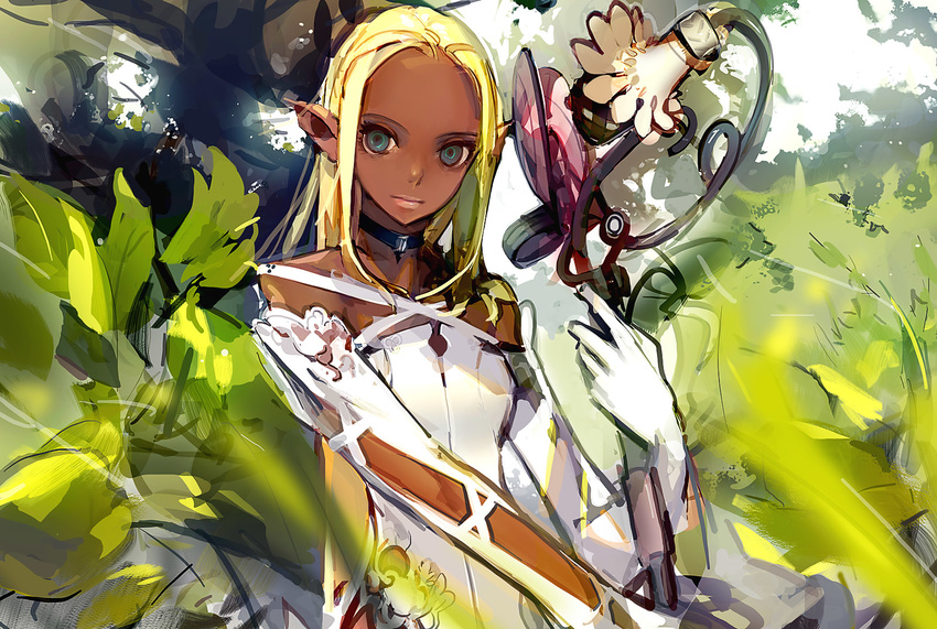 blonde_hair copyright_request dark_skin detached_sleeves dress highres jewelry necklace panamaman pointy_ears solo staff