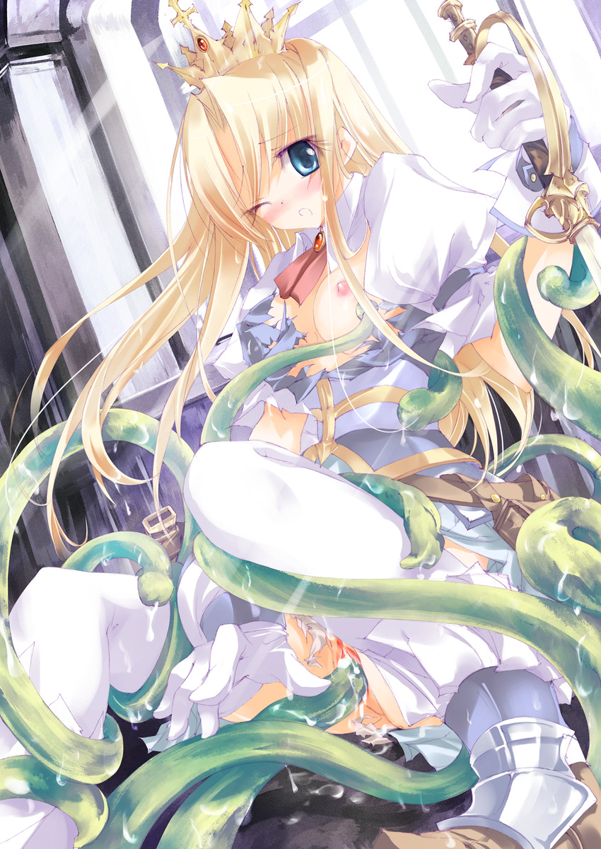 arch belt blonde_hair blood blue_eyes blush breasts crown cum cum_drip cumdrip female gloves hat highres long_hair monster nipples no_bra no_panties open_clothes open_mouth open_shirt penis pouch princess pussy rape sex shirt small_breasts sword tentacle tentacles thighhighs torn_clothes uncensored utility_belt virgin weapon wet wince window yudesoba