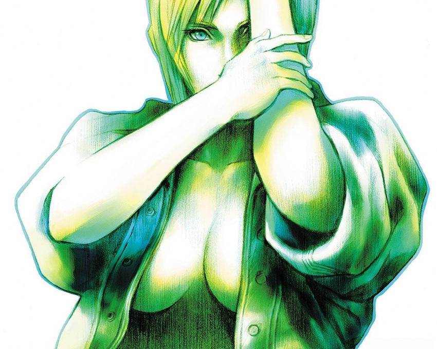 1girl aya_brea blonde_hair blue_eyes imageboard_sample nomura_tetsuya official_art open_clothes open_shirt parasite_eve parasite_eve_ii shirt sleeves_rolled_up solo